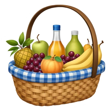 blue plaid lining basket with both food, drink and fruits sticker