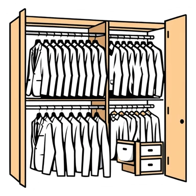 Simple closet with organized professional outfits, work wardrobe planning sticker