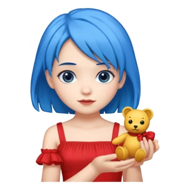 blue haired red wearing girl with small toy sticker