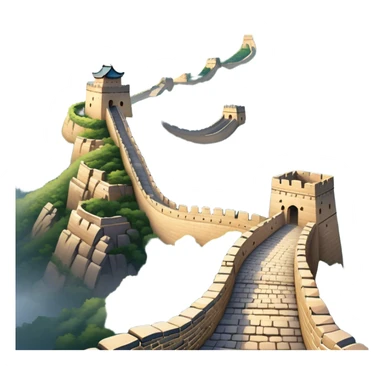 Cinematic Realistic Great Wall of China Landmark Emoji, depicted with ancient stone pathways winding over rugged mountains, watchtowers punctuating the misty landscape, and soft golden sunlight casting dramatic shadows. sticker