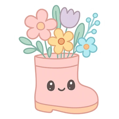 pastel rain boot filled with blooming spring flowers, kawaii hand-drawn style, soft pastel color sticker