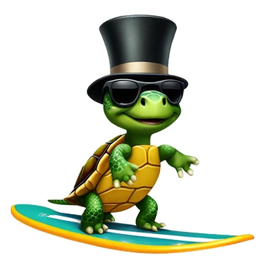 turtle riding a surfboard with a tophat on and sunglasseds sticker