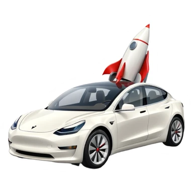 Tesla model 3 white.  Rocket boost on roof  sticker