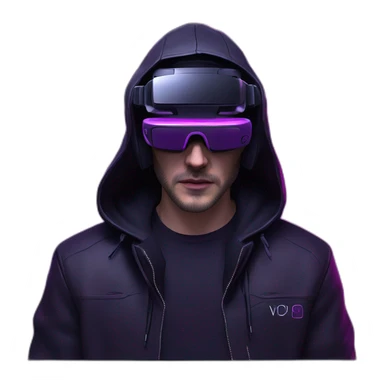 John Snow wearing a black hoodie with "OMG" letters on it and VR headset in a cyberpunk VR environment with violet neon lighting. sticker