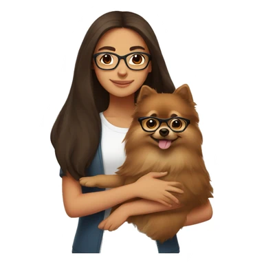 Hispanic girl with long Brown hair with glasses hugging  brown Pomeranian  sticker