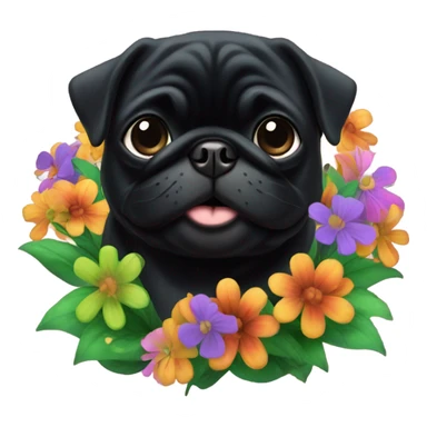 Black pug , surrounded by flowers, holding a green sign that says “good luck”  sticker