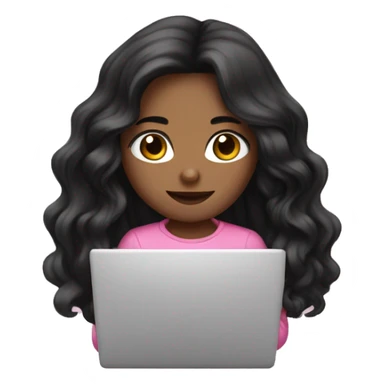 Beautiful girl,Black wavy long hair, Black eyes,Chinese, wearing pink typing on laptop,  sticker