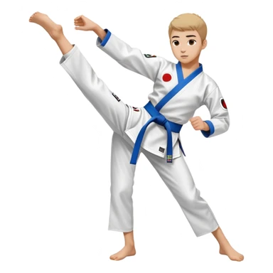 teenager performing a high kick in a white Tae Kwon Do uniform with a colored belt sticker