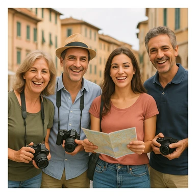 a group of Italian tourists, casual clothing, holding cameras and maps, cheerful expressions, travel vibe sticker