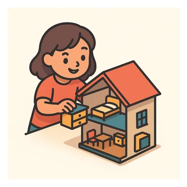 smiling girl arranging furniture in doll house sticker