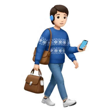 걷고 있는 사람
옷은 겨울에 어울리는 니트와 하의를 입었고 숄더백을 매었다.
머리카락 색깔은 어두운 갈색, 풀은 긴머리를 하고 있다 
귀에는 애플의 에어팟이 착용되어 있다 sticker