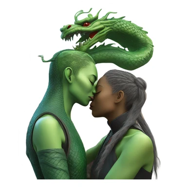 Photo realistic, alien female green, kissing and embracing china dragon sticker