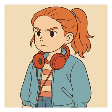 Max Mayfield from Stranger Things with iconic look: blue jacket, red headphones, red hair tied in a ponytail, determined expression, simple line art, light pastel tones, thick outlines, Ghibli style, square 1:1 format. sticker