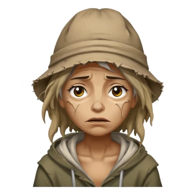 very dirty looking homeless woman with ripped hat with ugly hair sticker