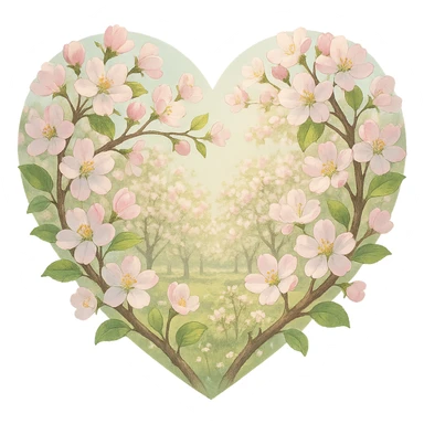 heart with a spring apple blossom orchard, clean digital illustration, no background sticker