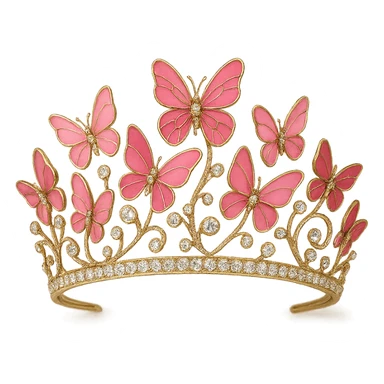 butterfly crown with a pink base, butterflies in various pink enamel shades, sparkling gems, transparent background sticker