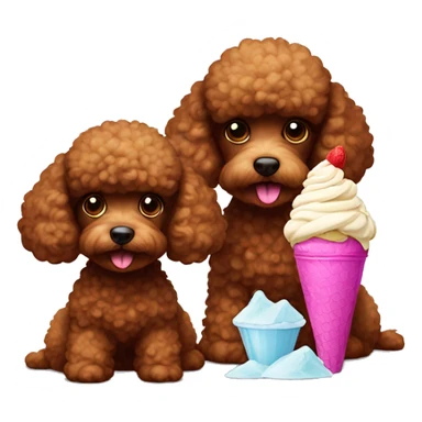 Two brown toy poodles. One is smaller than the other one. One is eating ice cream, the other one I watching sticker