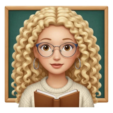 cute white woman with VERY LONG blonde curly hair, brown eyes, full lips, natural clean girl makeup and hoop earrings and square glasses, studying sticker