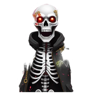 White skeleton zombie person covered in golden chains and black graffiti scribbles and red and silver doodles wings made of neon lightning snowing snowflakes sticker