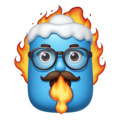blue marshmallow on fire, surprised with mustache and glassess, just marshmallow sticker