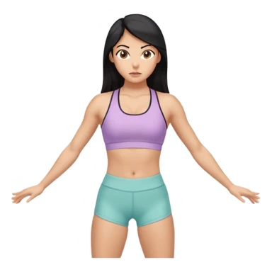 Athletic woman mid upper-body stretch, lean toned physique, defined legs and core, wearing a pastel sports bra and high-waisted patterned workout shorts, long black hair and olive skin hazel eyes, focused expression, natural lighting sticker