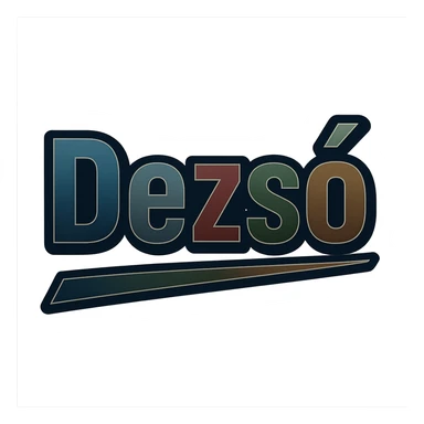 Dezső name in masculine, modern gradient font with dark contour and thin white edging, dynamic slanted underline, masculine color shades (blue, gray, burgundy, green, brown), 1000x1000 px, PNG, transparent background, in the style of the uploaded Attila sample. sticker