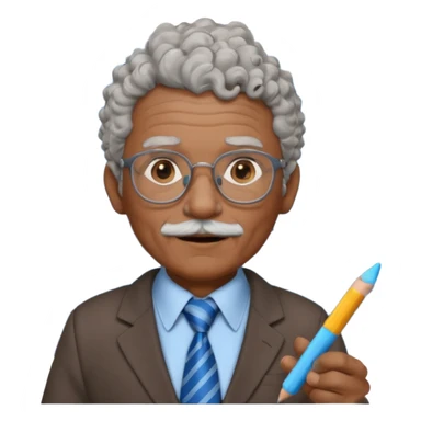 old man teacher, brown skin, curly grey white hai, wearing glasses, brown suit, blue tie hold chalk on hand sticker