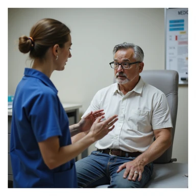realistic image of a patient in a clinical environment, not suitable for assigned therapeutic exercises, physiotherapist stopping the exercise, worried expressions, realistic details, professional atmosphere, visible medical chart sticker