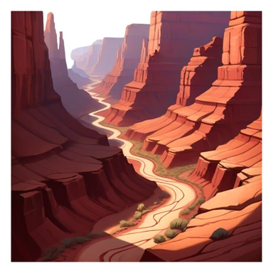 Cinematic Realistic Canyon Emoji, Vast and rugged, with deep red rock formations and winding paths leading down to a dry, dusty floor. Sunlight casts long shadows across the craggy surfaces, highlighting the layers of ancient rock. Soft glowing outline, capturing the essence of dramatic beauty and ancient history in a mighty canyon. sticker