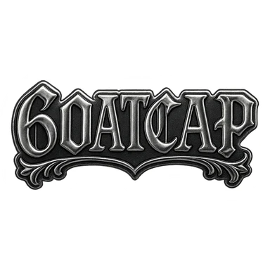 sticker with the text '60ATCAP' in the style of Chrome Hearts, bold gothic lettering, metallic chrome effects, ornate details sticker