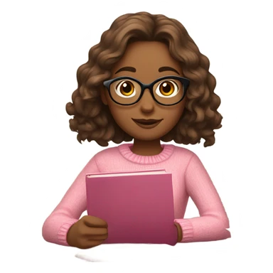 a girl with shoulder length and wavy brown hair, with glasses, studying at a desk. she is wearing a pink sweater  sticker
