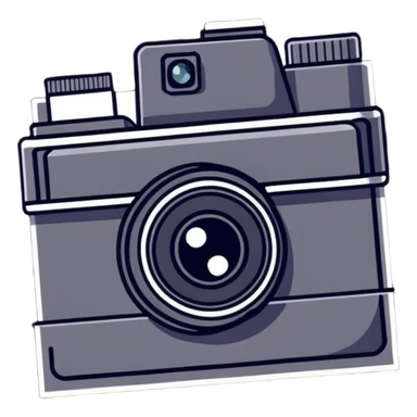 Film photography setup with camera, film rolls, and developed photos sticker