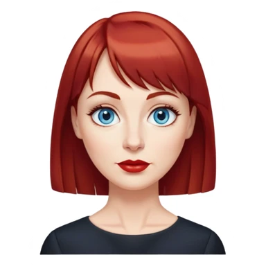 Middle-aged woman with fair skin, wider oval face, blue eyes, thin eyebrows, small nose, red lips, dark red hair with straight bangs, age-appropriate features, wearing a black blouse sticker