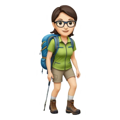 Woman in her 40s with glasses wearing sporty outfit, hiking boots, and backpack looking happy and curious sticker