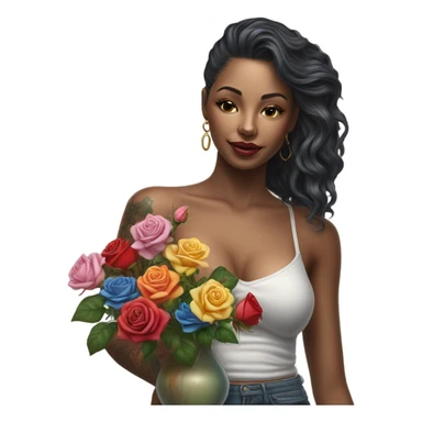 Hyper Realistic beautiful woman model with a small rose tattoo arranging flowers in a vase sticker