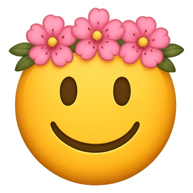 yellow face with pink flower crown emoji, digital illustration, remove background sticker