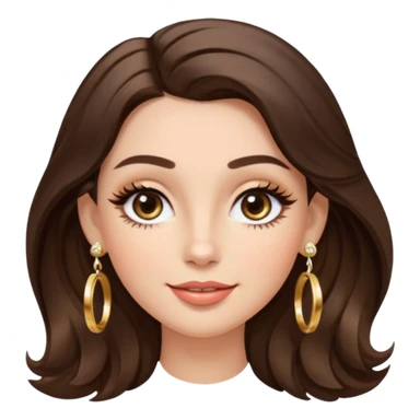 Luxury Milan girl Greta emoji: oval face, flawless skin, big light almond eyes with lashes/eyeliner, arched brows, flirty half-smile glossy lips, beauty mark, wavy warm brunette hair, gold hoop earrings, soft glow, champagne bg with sparkles, 3D sticker style, centered. sticker
