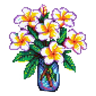 plumeria flower, simple, colorful pixel art sticker