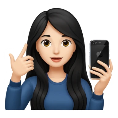 black long haired woman holding her phone having selfie sticker
