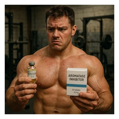 realistic young bodybuilder in gym holding a vial of testosterone and a box of aromatase inhibitor, doubtful expression, swollen muscles but red skin, messy gym background, 4K quality sticker