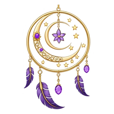 Epic beautiful gorgeous cute gold suncatcher, threads with shiny sparkly amethyst gemstones, flowers, crescents-moons, stars, violet Feather, gold feather sticker