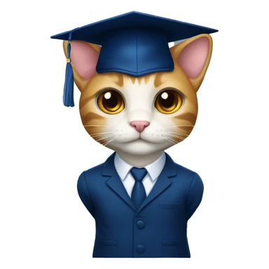 A student cat in a dark blue suit and a square academic dark blue cap sticker