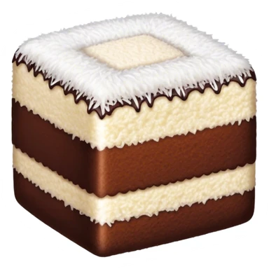 Lamington Cinematic Realistic Lamington Dessert Emoji, depicted as a sponge cake square coated in chocolate and dusted with coconut on all sides, rendered with lifelike textures and vibrant, tropical lighting. sticker