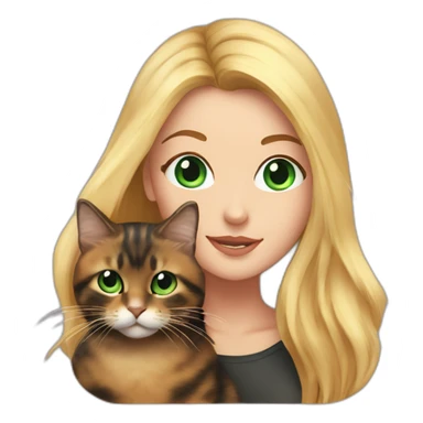 woman with green eyes and long straight blonde hair and big boobs is holding a very fluffy and fat tortoiseshell cat sticker