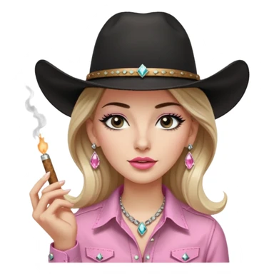 White girl, long black eyelashes, black cowboy hate with hat band sparkling, long light brown straight hair, pink and black western shirt, smoking a joint,  big white diamond stud earrings sticker