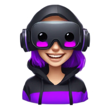 laughing Russian girl wearing black hoody with violet letters "OMG", in vr headset. Cyberpunk style. Violet neon. sticker