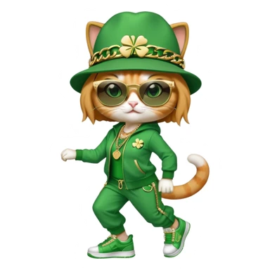 female cat wearing hip-hop Run DMC outfit with green tracksuit, fedora with shamrock, dark sunglasses, gold chains, bling accessories, St. Patrick's Day theme, break dancing sticker