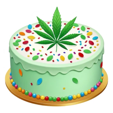 Colorful confetti cake with mint leaves and a cannabis leaf decoration on top sticker