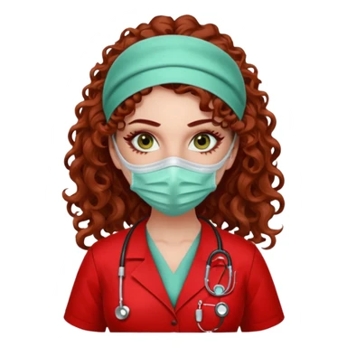Sensual Spanish Lilith core evil surgeon.red outfit.  Surgeon has hazel-green eyes. Her hair is BROWN. Hair is also  long and  curly. wearing a sexy surgeon outfit with platform  heels.she is a calculated killer. She covers only her mouth and nose with mask to hide identity carries  sticker