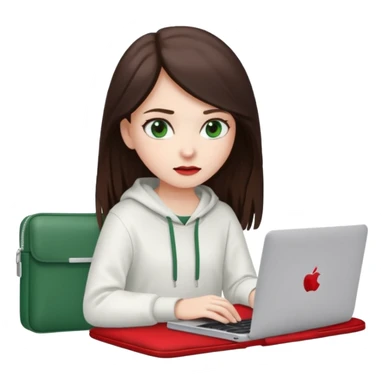 Long dark brown haired, white skinned, dark green eyed girl in white clothes girl sitting in macbook with a red case and watching to macbook sticker